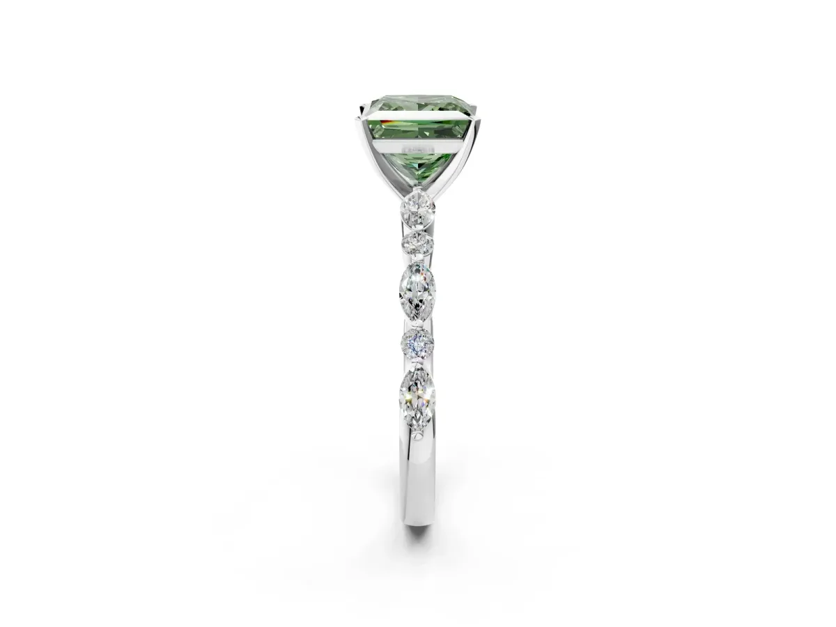 Fancy Green Princess Cut Diamond Ring with Marquise and Round Side Stones and Four-Prong Setting White gold