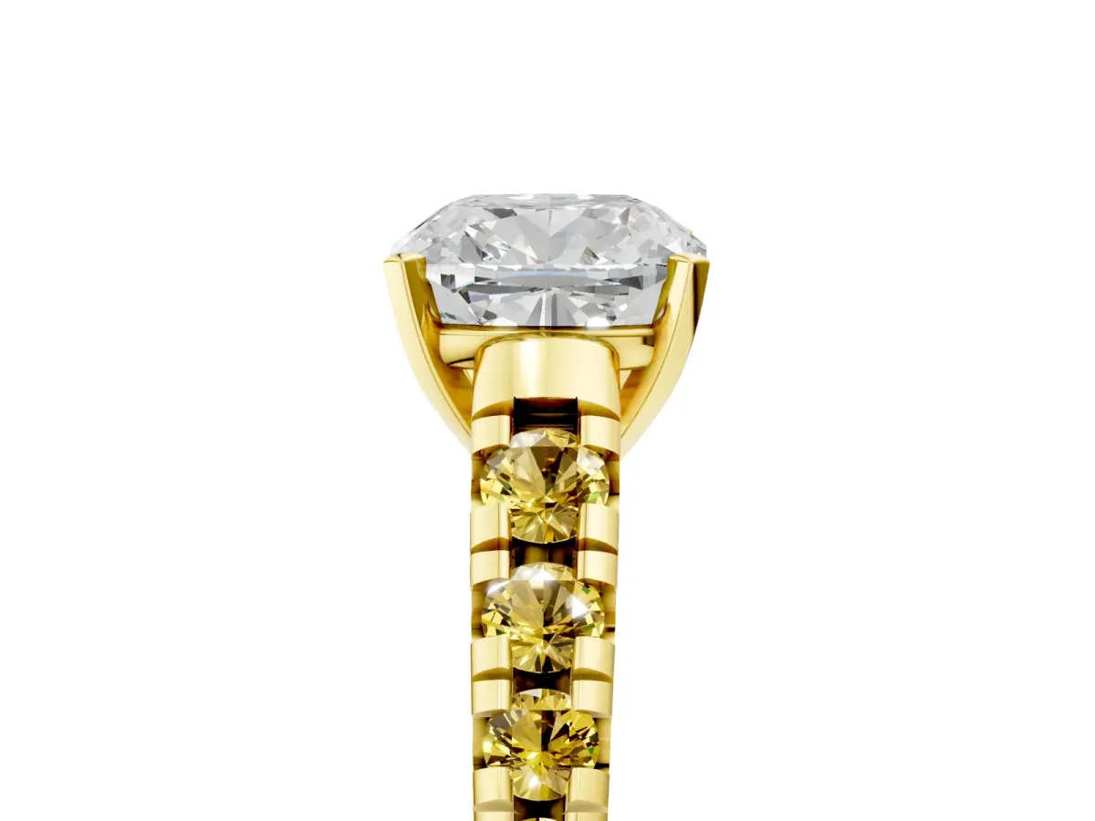 Cushion Cut Diamond Cathedral Solitaire Ring with Round Yellow Sapphire Pavé Band Yellow gold
