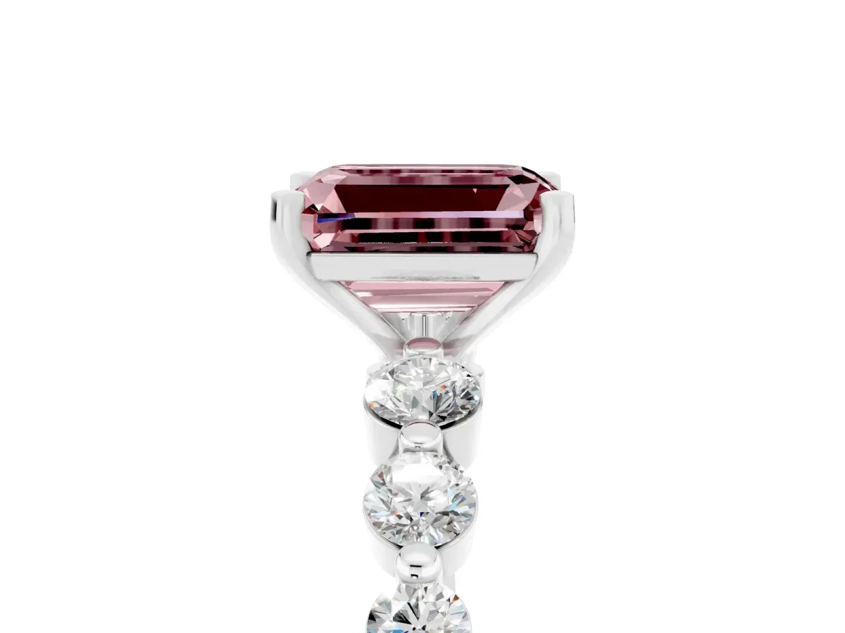 Emerald Cut Solitaire Morganite Ring with Pave Band and Four-Prong Setting Platinum