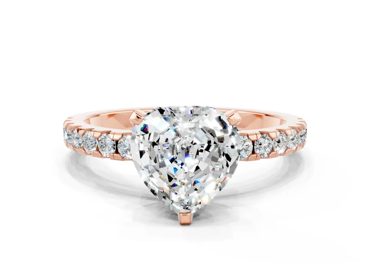 Heart Cut Moissanite Solitaire Ring with Round Pavé Band and Four-Prong Setting Rose gold