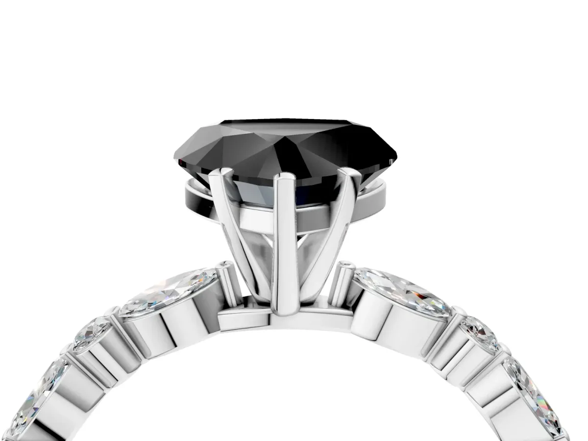 Fancy Black Heart Cut Diamond Ring with Marquise and Round Side Stones and Four-Prong Setting White gold