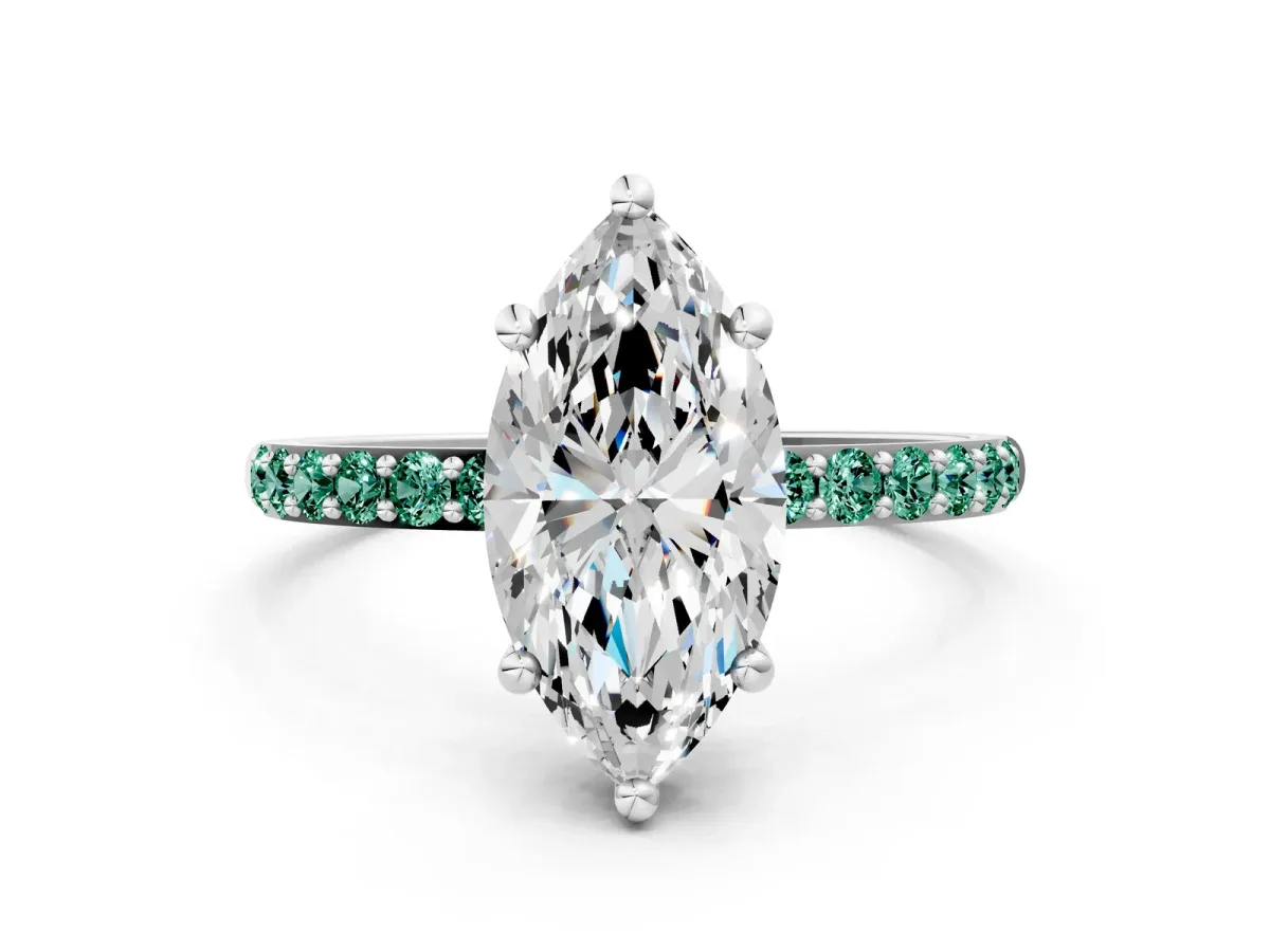 Marquise Cut Diamond Solitaire Ring with Round Green Sapphire Pavé Band and Prong Setting White gold