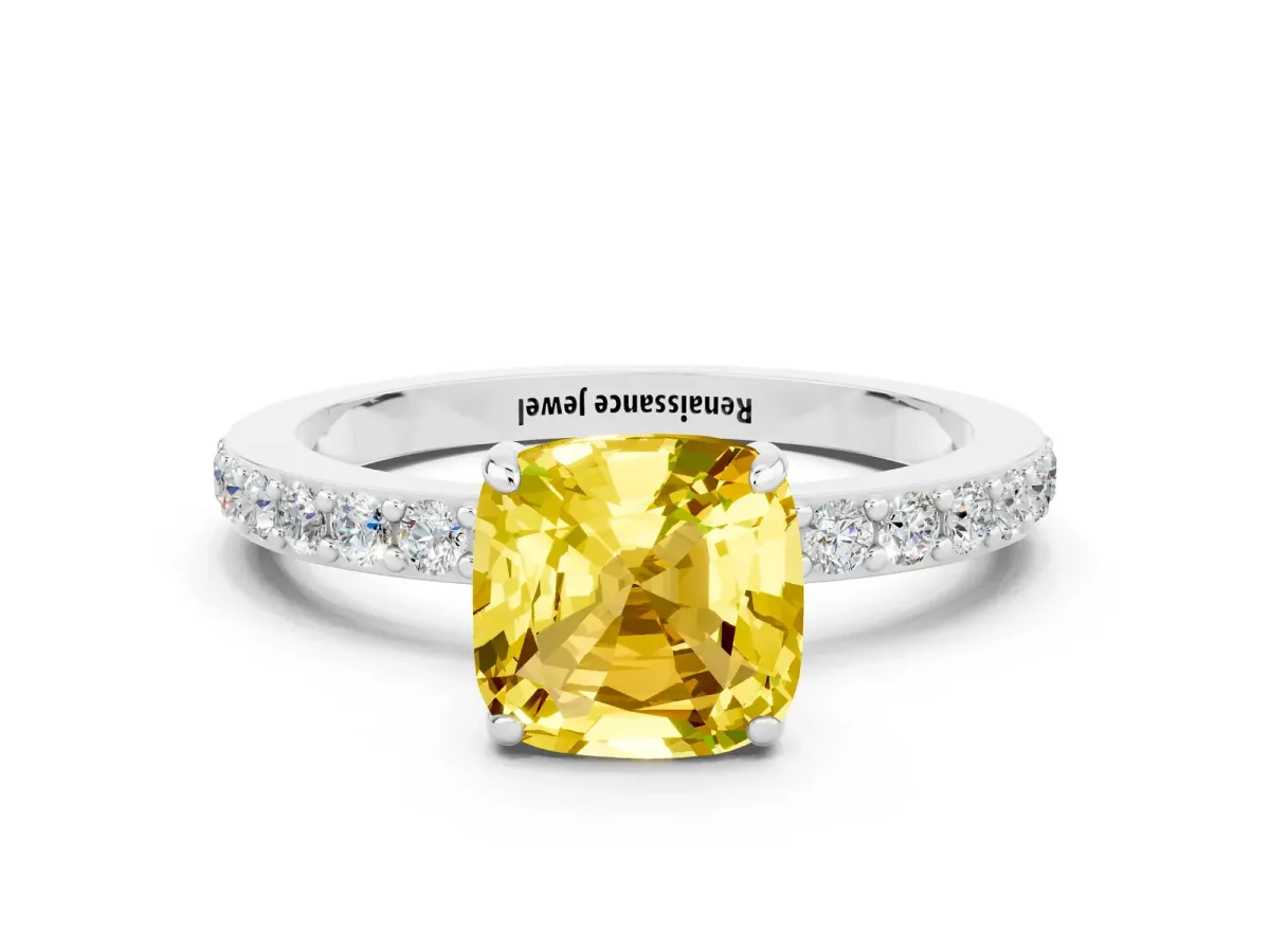 Cushion Cut Yellow Sapphire Solitaire Engagement Ring with Pavé Band and Four-Prong Setting White gold