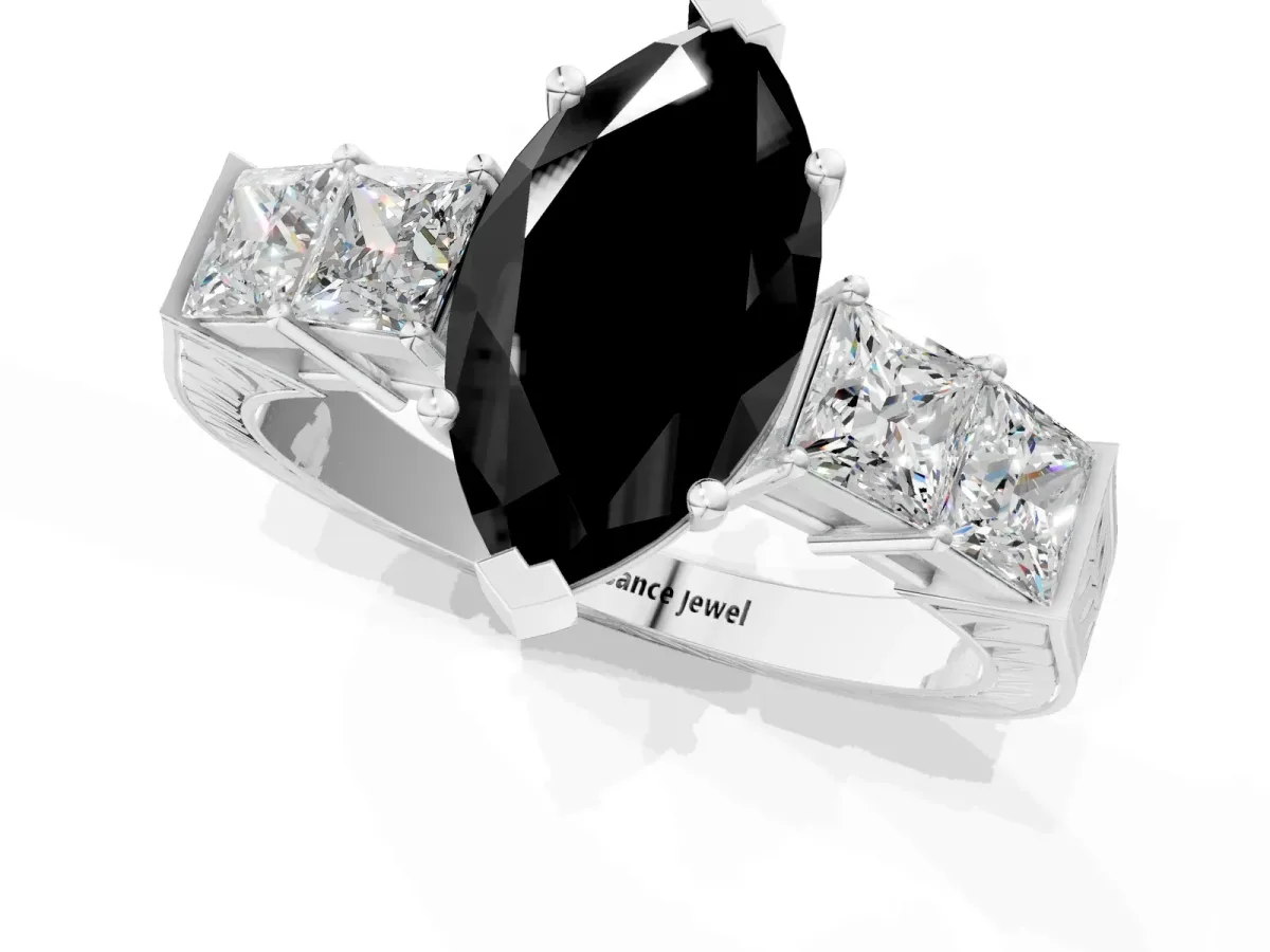 Fancy Black Marquise Cut Solitaire Princess Side Stone Engraved Band Prong Setting Ring Silver