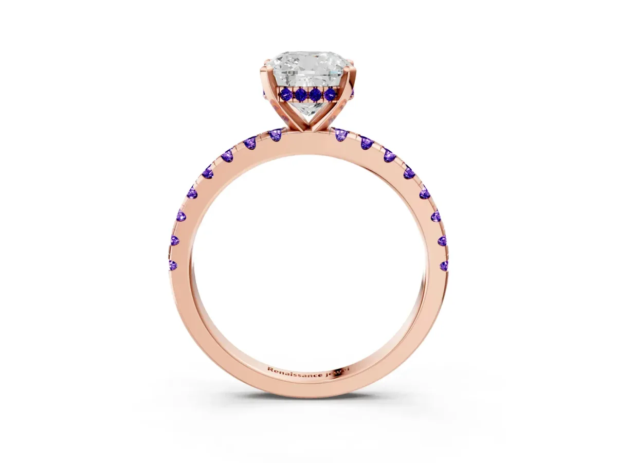 Cushion Cut Diamond Solitaire Ring with Round Tanzanite Pavé Band and Four-Prong Setting Rose gold
