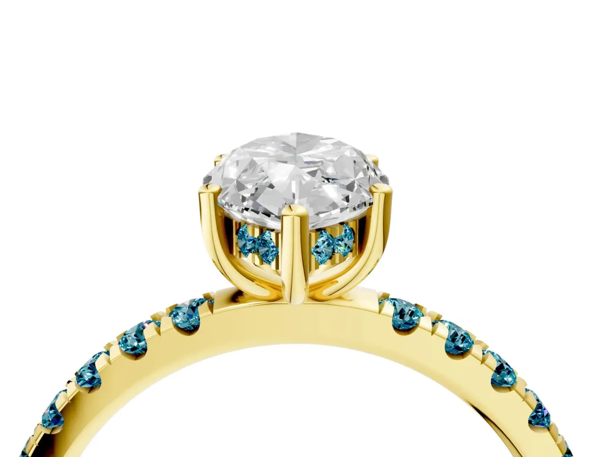 Marquise Cut Diamond Pave Band Solitaire Ring with Round Blue Topaz and Prong Setting Yellow gold