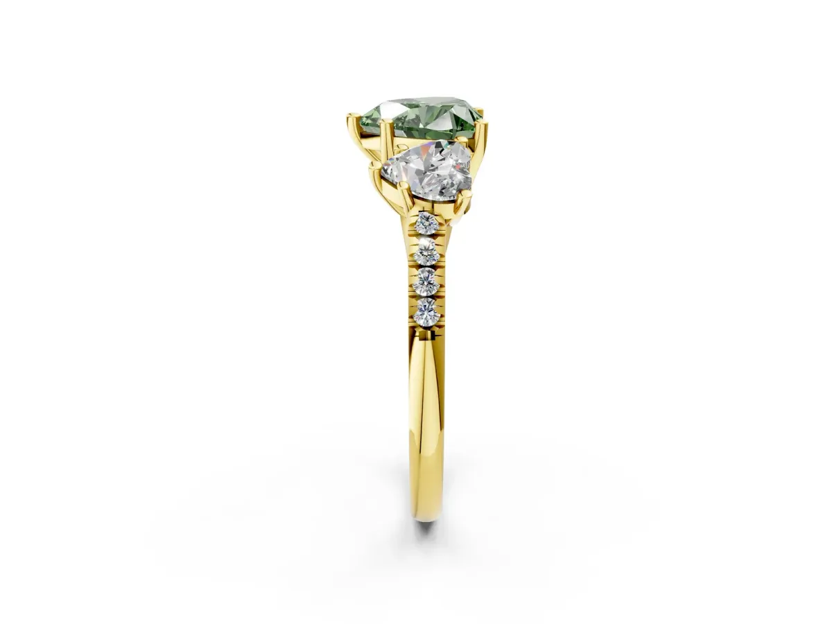 Fancy Green Three-Stone Heart Cut Diamond Ring with Round Pavé Band and Prong Setting Yellow gold