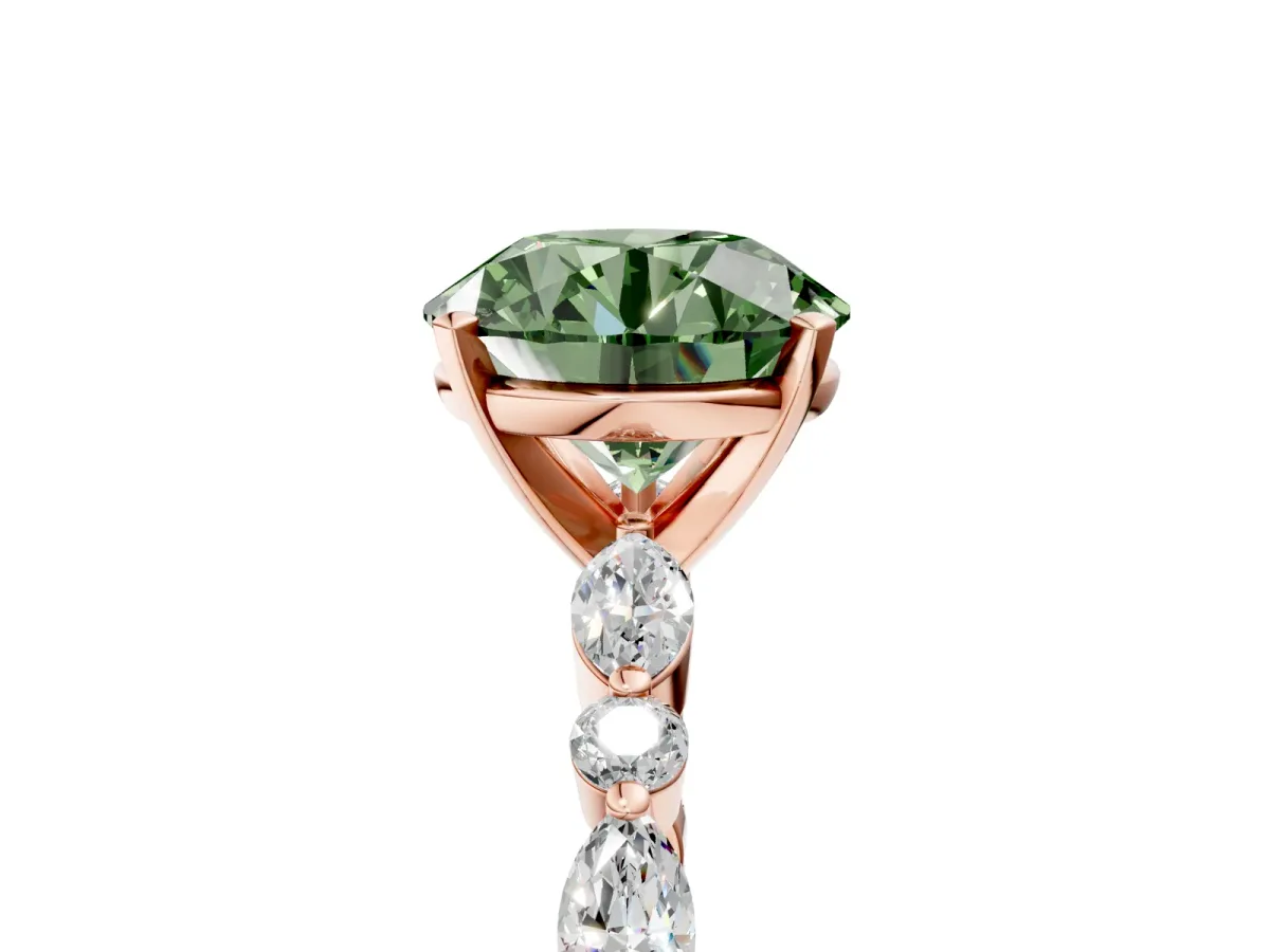 Fancy Green Round Cut Diamond Ring with Marquise and Round Side Stones and Four-Prong Setting Rose gold