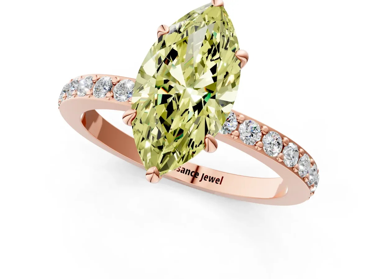 Fancy Yellow Marquise Cut Diamond Solitaire Engagement Ring with Pavé Band and Four-Prong Setting Rose gold