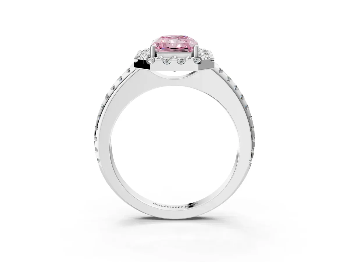 Fancy Pink Radiant Cut Diamond Pavé Halo Ring with Four-Prong Setting Platinum