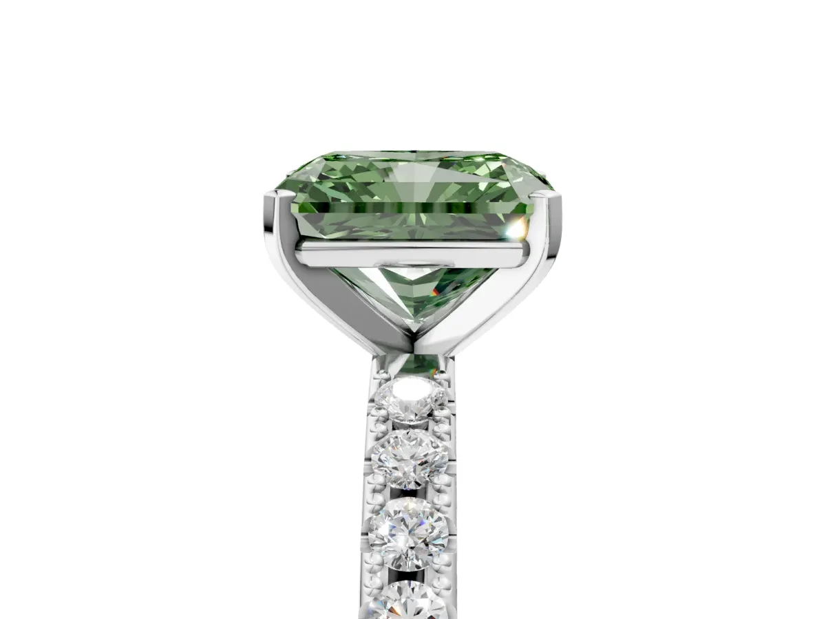 Fancy Green Radiant Cut Diamond Solitaire Pavé Band with Four-Prong Setting Platinum
