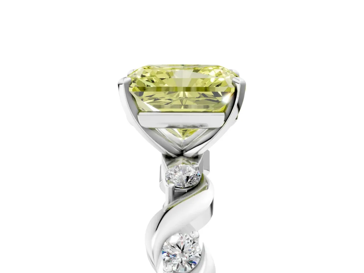 Fancy Yellow Radiant Cut Diamond Solitaire Twisted Band with Round Accents and Prong Setting White gold