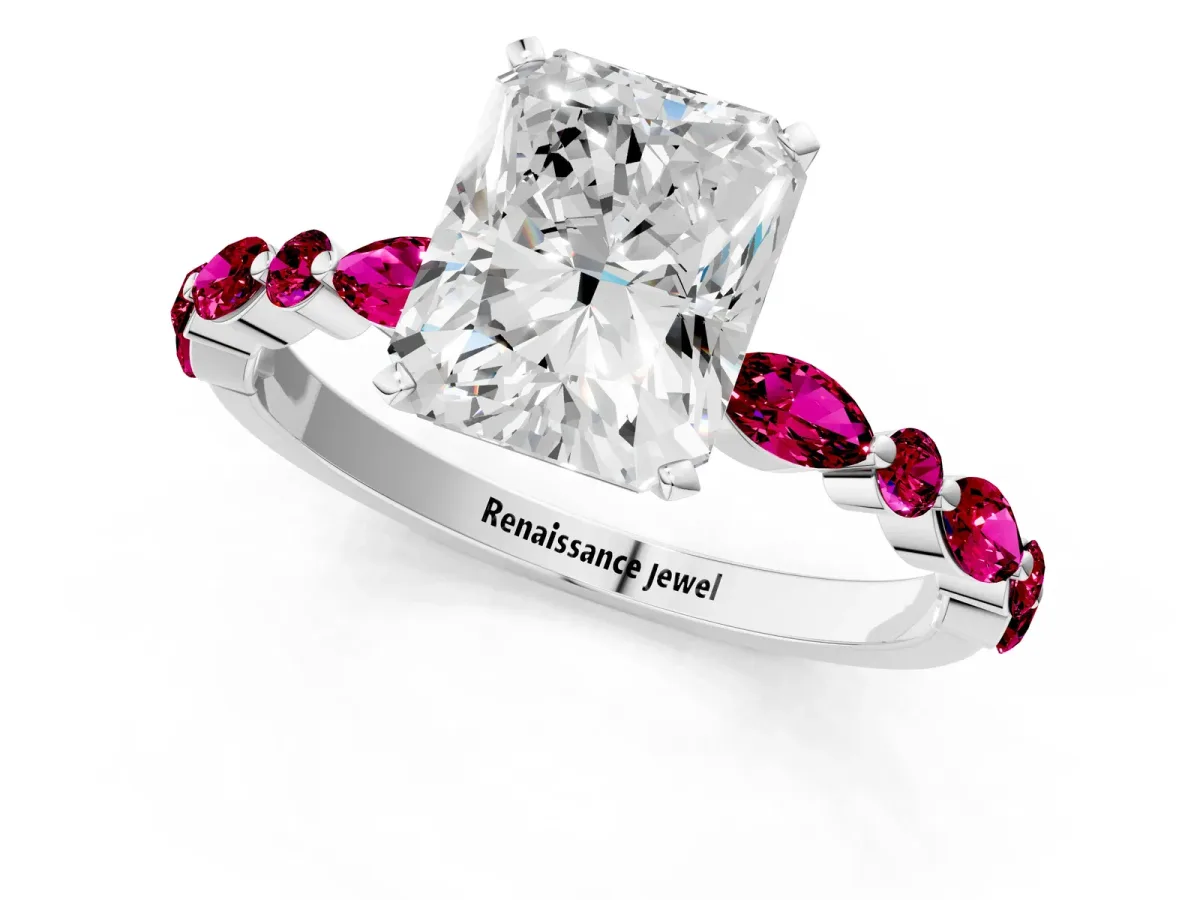 Radiant Cut Diamond Ring with Marquise and Round Garnet Side Stones and Four-Prong Setting White gold