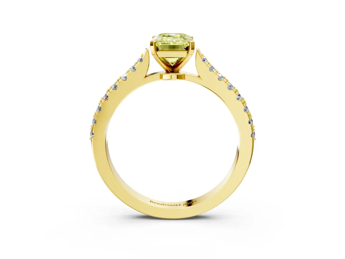 Fancy Yellow Emerald Cut Cut Solitaire Diamond Engagement Ring with Pave Band and Four-Prong Setting Yellow gold