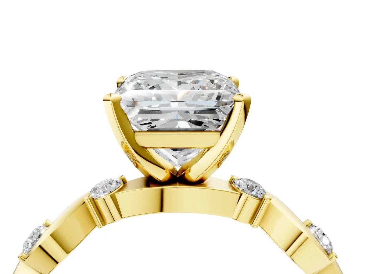 Princess Cut Diamond Solitaire Twisted Band with Round Accents and Prong Setting Yellow gold