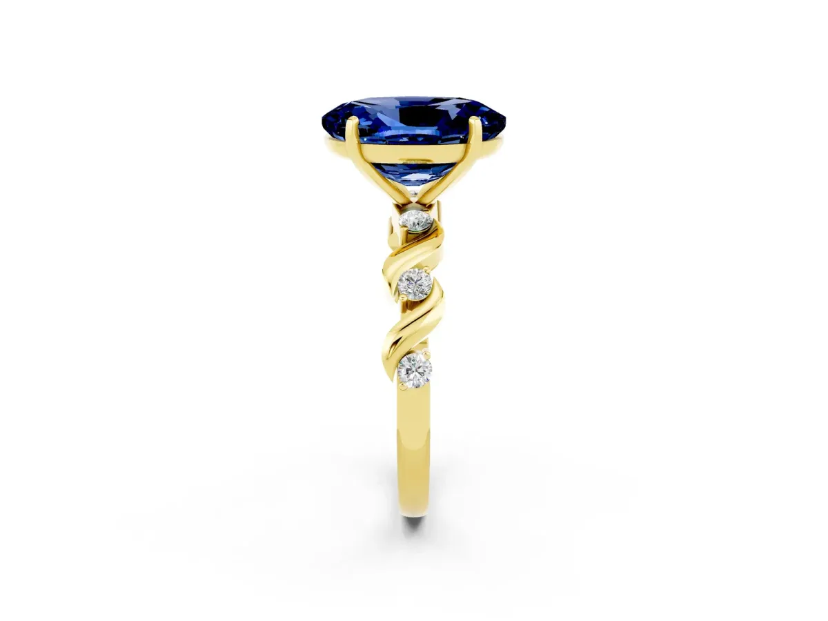 Oval Cut Blue Sapphire Solitaire Twisted Band with Round Accents and Prong Setting Yellow gold