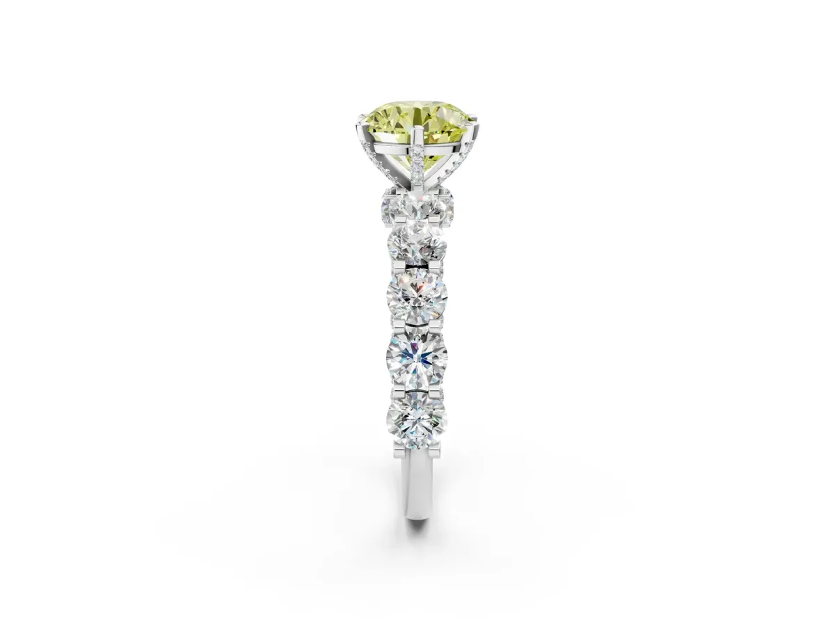 Fancy Yellow Round Cut Diamond Side Stone Engagement Ring with Four-Prong Setting Silver