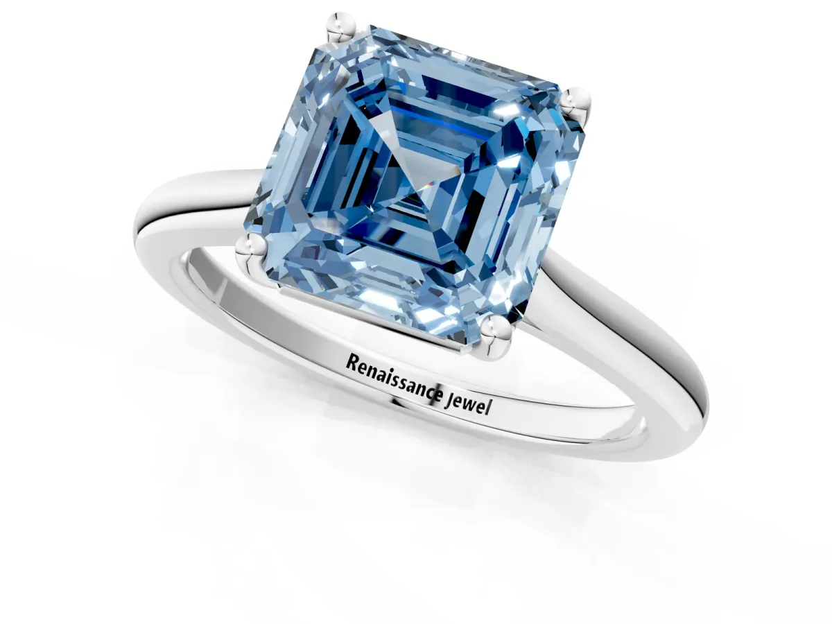 Fancy Blue Asscher Cut Cut Solitaire Ring with Cathedral Band and Four-Prong Setting Platinum