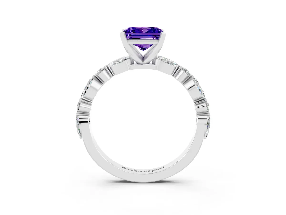 Princess Cut Tanzanite Ring with Marquise and Round Side Stones and Four-Prong Setting White gold