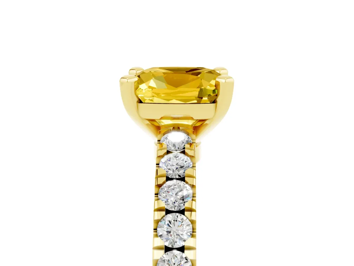 Cushion Cut Solitaire Yellow Sapphire with Pavé Band and Four-Prong Setting Yellow gold