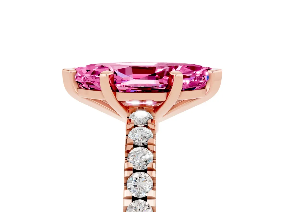 Marquise Cut Solitaire Pink Sapphire with Pavé Band and Four-Prong Setting Rose gold