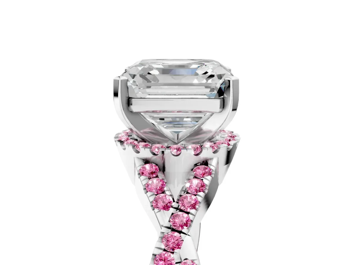 Asscher Cut Diamond Pink Sapphire Halo Twist Band Solitaire Prong Setting Ring White gold