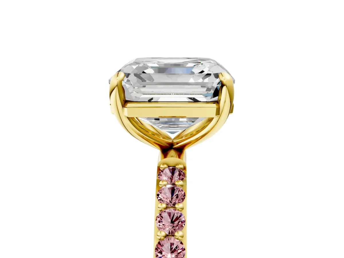 Asscher Cut Diamond Solitaire Ring with Round Morganite Pavé Band and Prong Setting Yellow gold