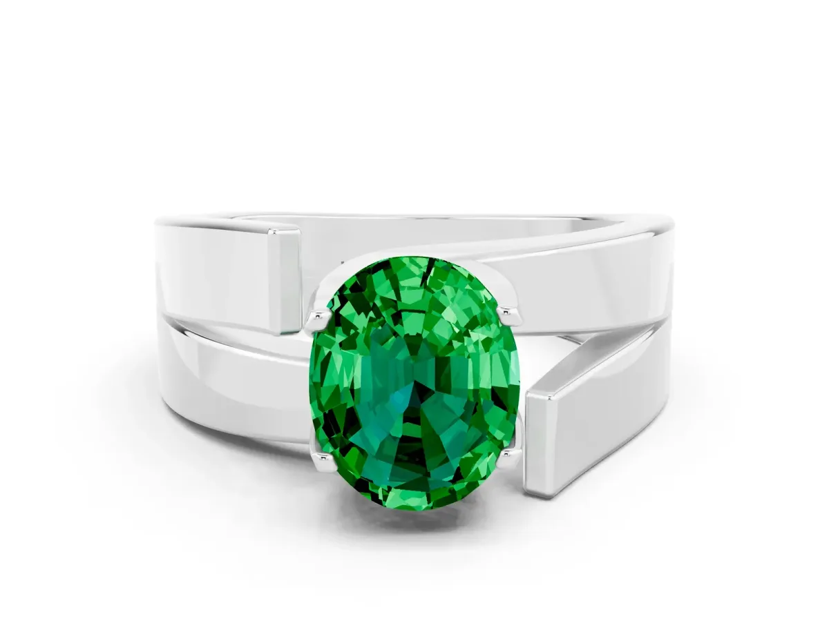 Modern Tension Set Oval Cut Emerald Solitaire Wide Band Ring Platinum