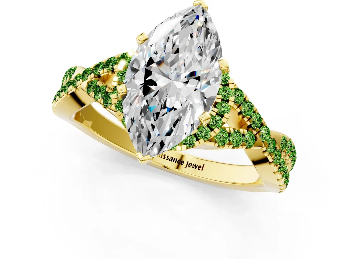 Marquise Cut Diamond Peridot Halo Twist Band Solitaire Prong Setting Ring Yellow gold