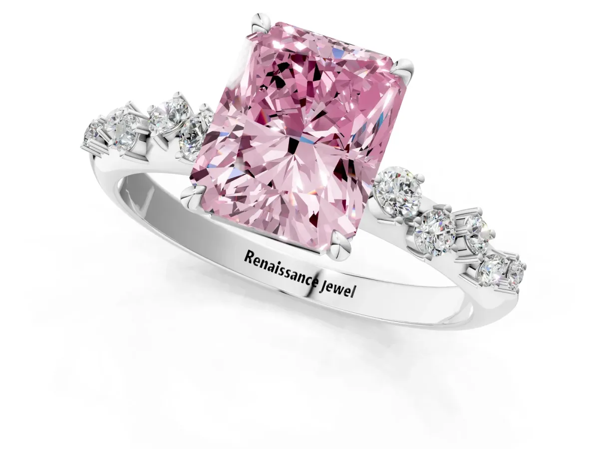 Fancy Pink Radiant Cut Diamond Cluster Side Stone Solitaire Ring with Prong Setting Platinum