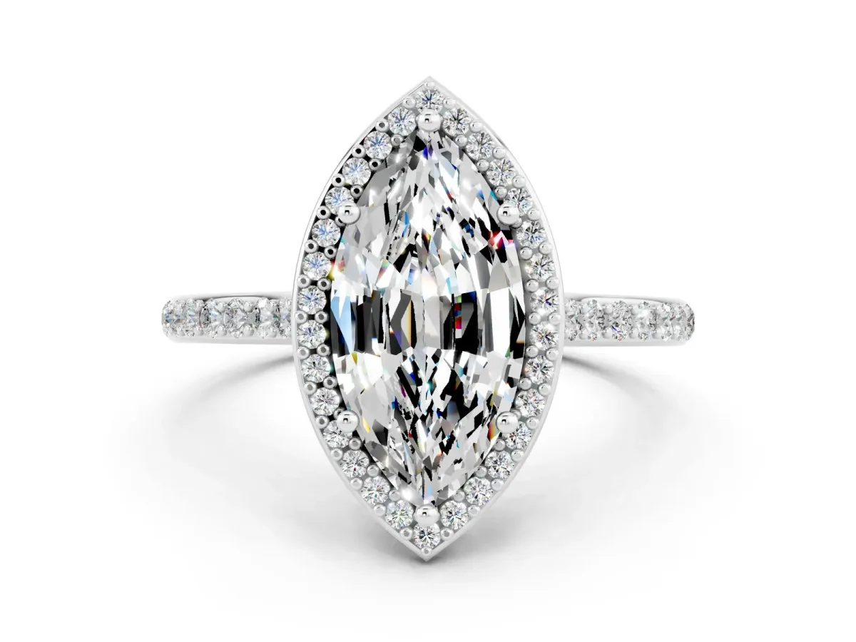 Marquise Cut Moissanite Halo Engagement Ring with Round Pavé Shoulders and Prong Setting Silver