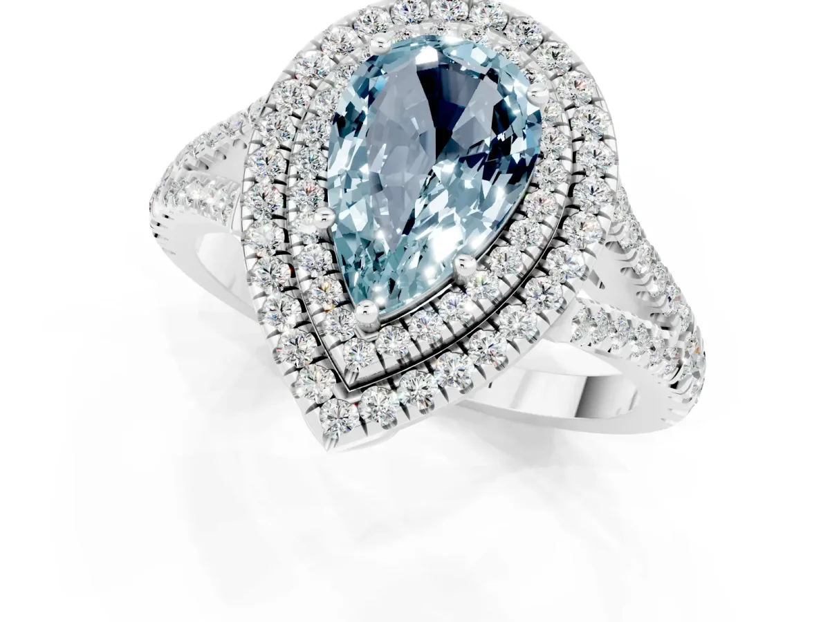 Pear Cut Aquamarine Double Halo Ring with Pavé Band and Prong Setting White gold