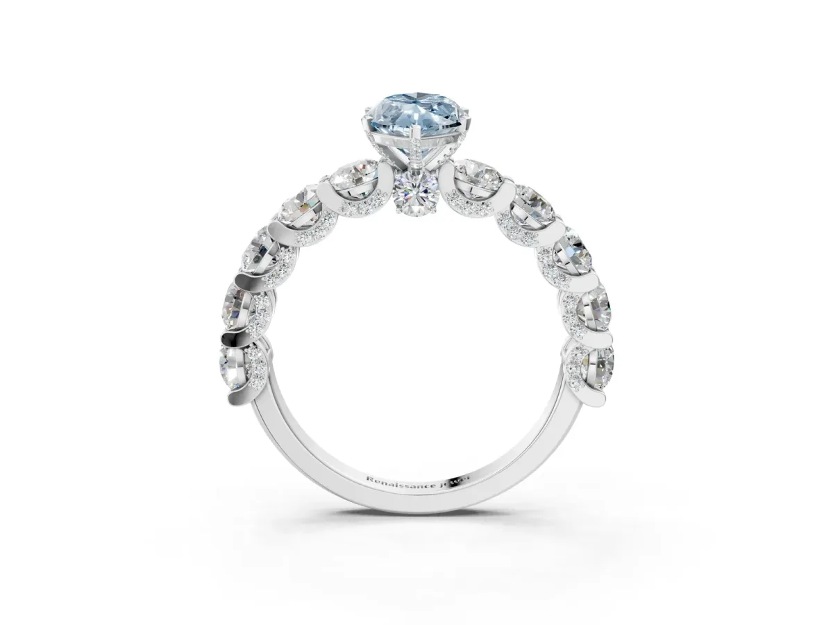 Fancy Blue Marquise Cut Diamond Side Stone Engagement Ring with Four-Prong Setting White gold