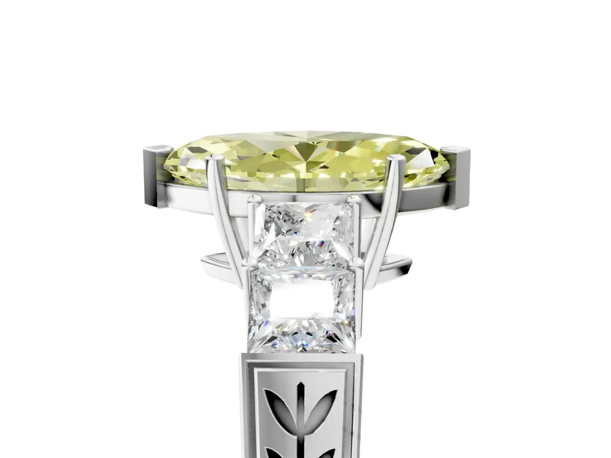 Fancy Yellow Marquise Cut Solitaire Princess Side Stone Engraved Band Prong Setting Ring Platinum