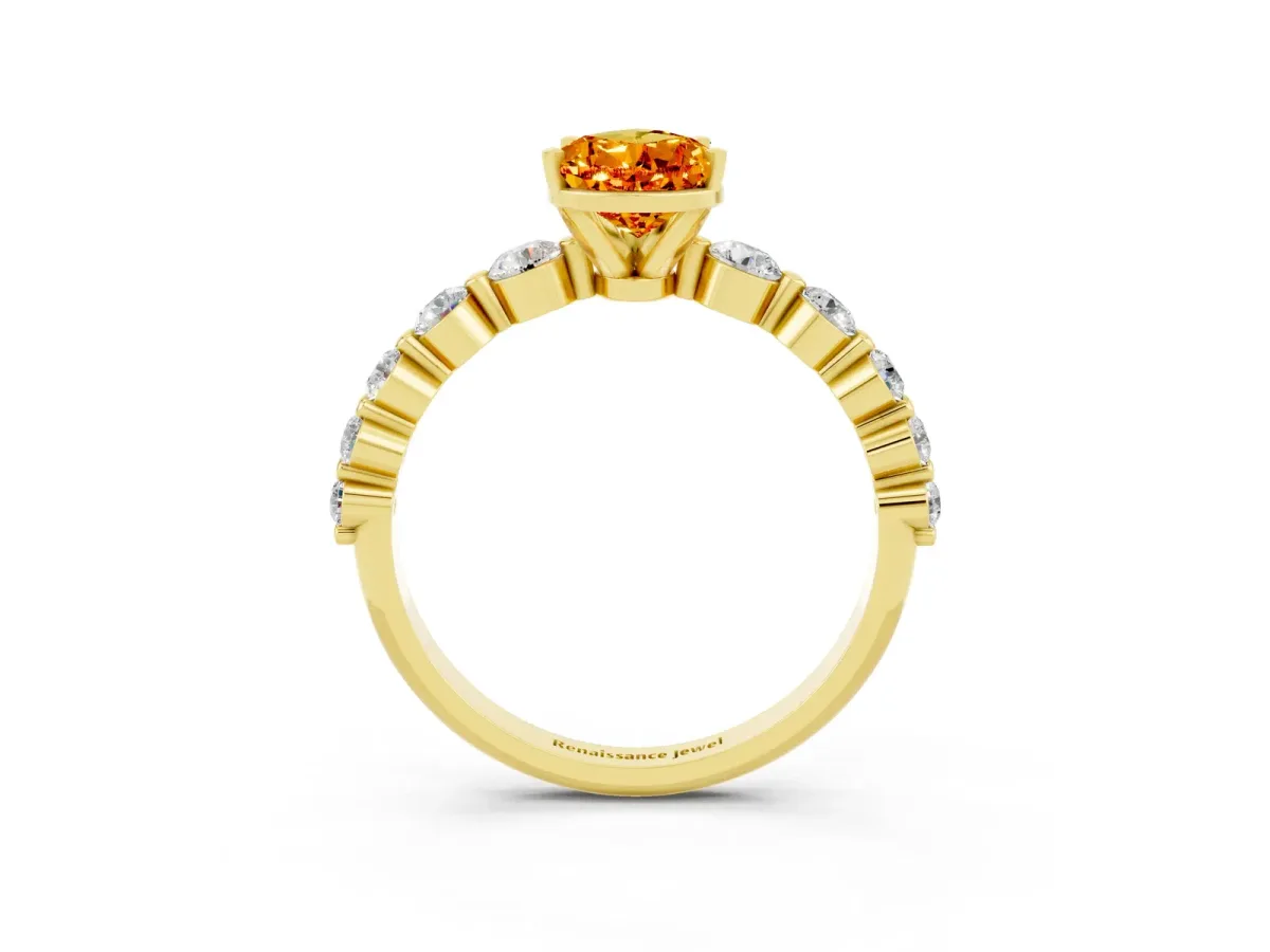 Pear Cut Solitaire Citrine Ring with Pave Band and Four-Prong Setting Yellow gold