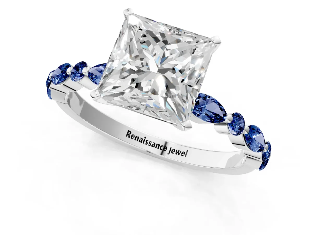 Princess Cut Diamond Ring with Marquise and Round Blue Sapphire Side Stones and Four-Prong Setting White gold