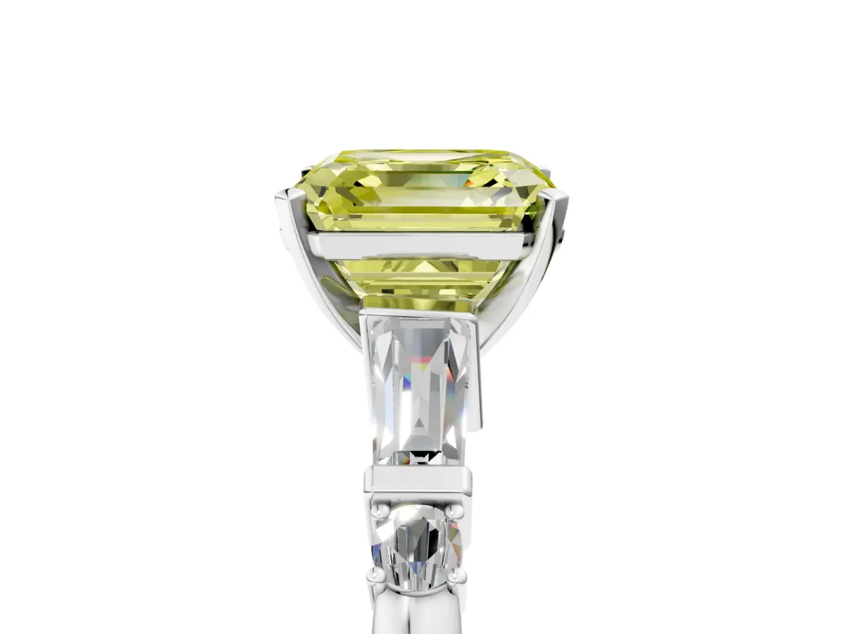 Fancy Yellow Asscher Cut Cut Diamond Ring with Baguette Side Stones, Channel Set Band, and Four-Prong Setting Platinum