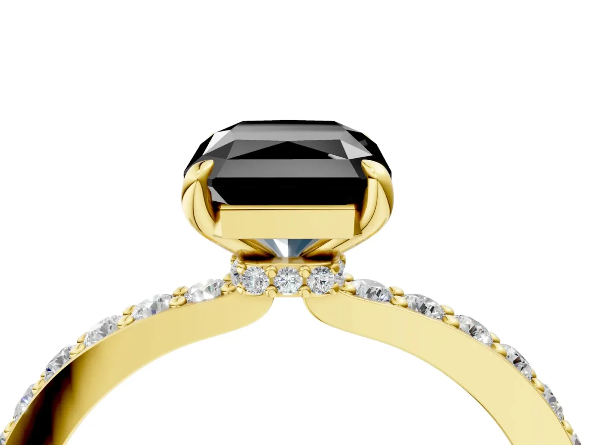 Fancy Black Radiant Cut Diamond Solitaire Engagement Ring with Pavé Band and Four-Prong Setting Yellow gold
