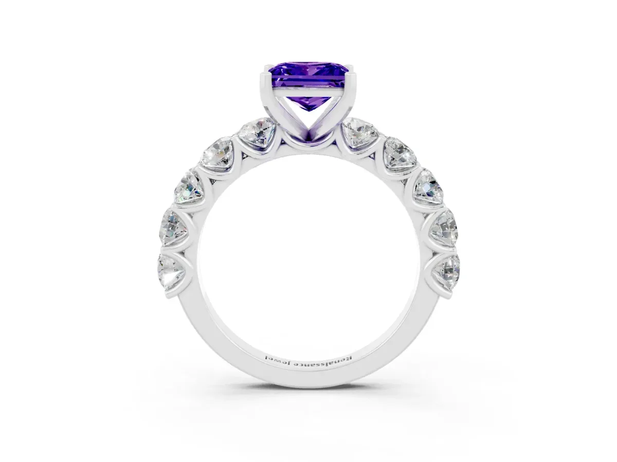 Princess Cut Tanzanite Prong Setting with Side Stones on a Pave Band Silver