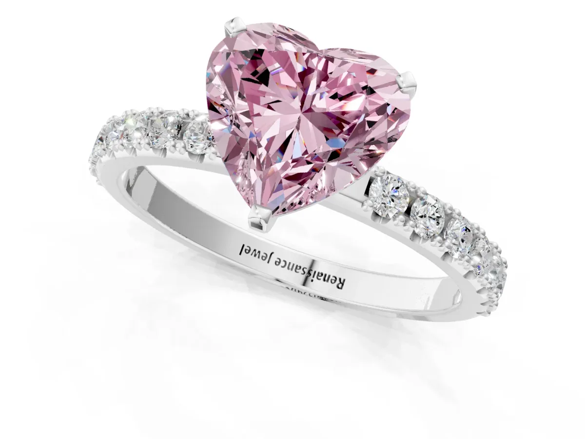 Fancy Pink Heart Cut Diamond Solitaire Pavé Band with Four-Prong Setting Platinum