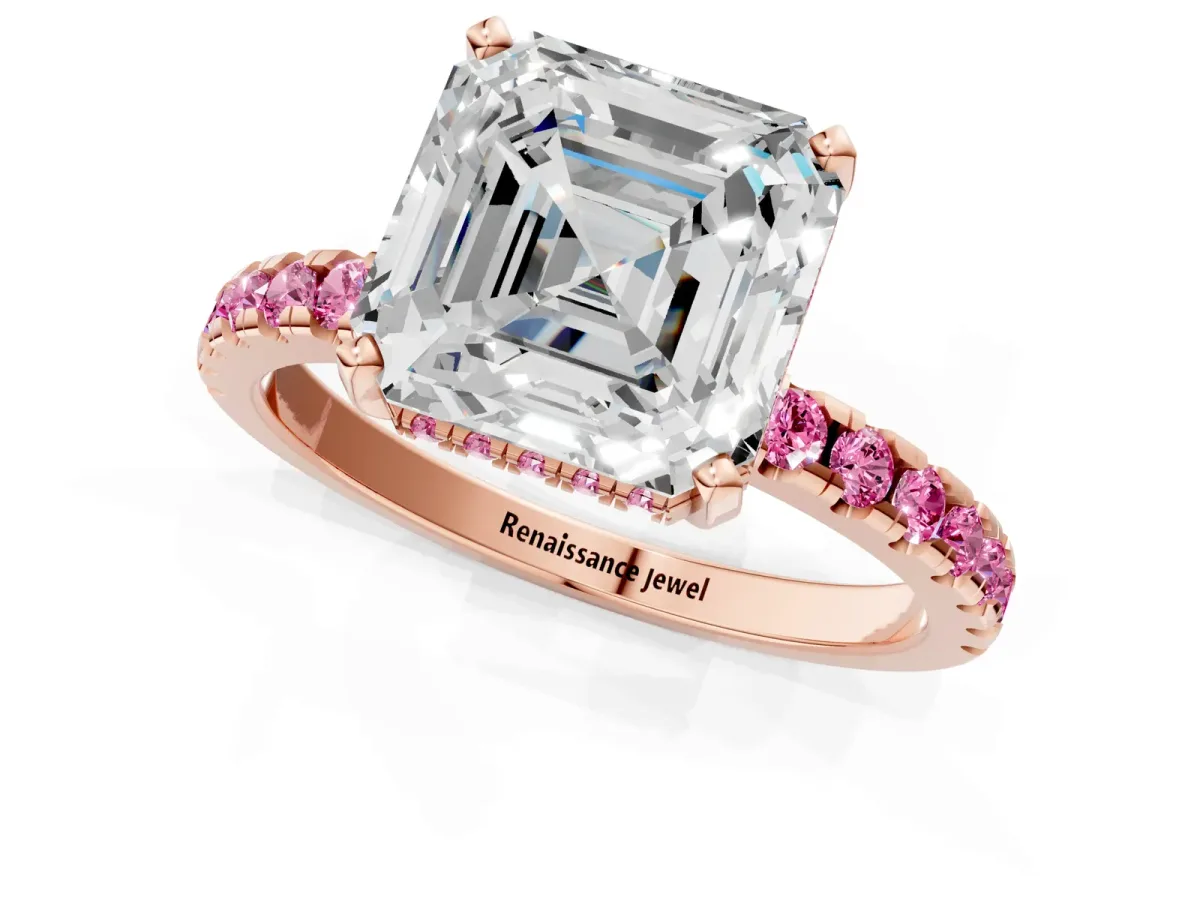 Asscher Cut Diamond Solitaire Ring with Round Pink Sapphire Pavé Band and Four-Prong Setting Rose gold