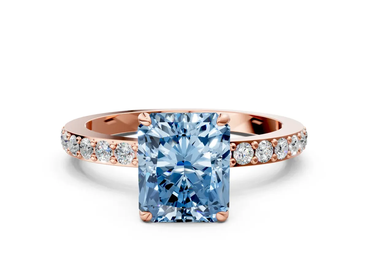 Fancy Blue Radiant Cut Diamond Solitaire Engagement Ring with Pavé Band and Four-Prong Setting Rose gold
