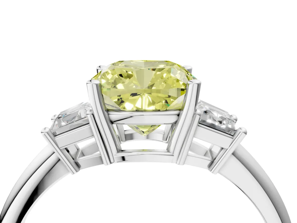 Fancy Yellow Cushion Cut Diamond Three-Stone Ring with Trapezoid Side Stones and Prong Setting Platinum