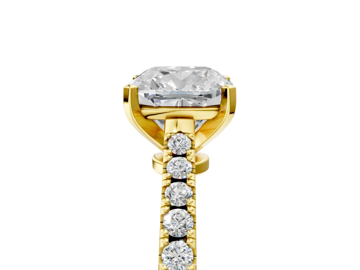 Cushion Cut Cut Solitaire Diamond Engagement Ring with Pave Band and Four-Prong Setting Yellow gold