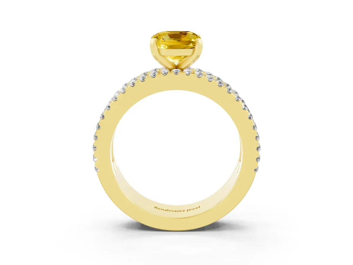 Cushion Cut Yellow Sapphire Solitaire Ring with Pavé and Channel Set Band Yellow gold