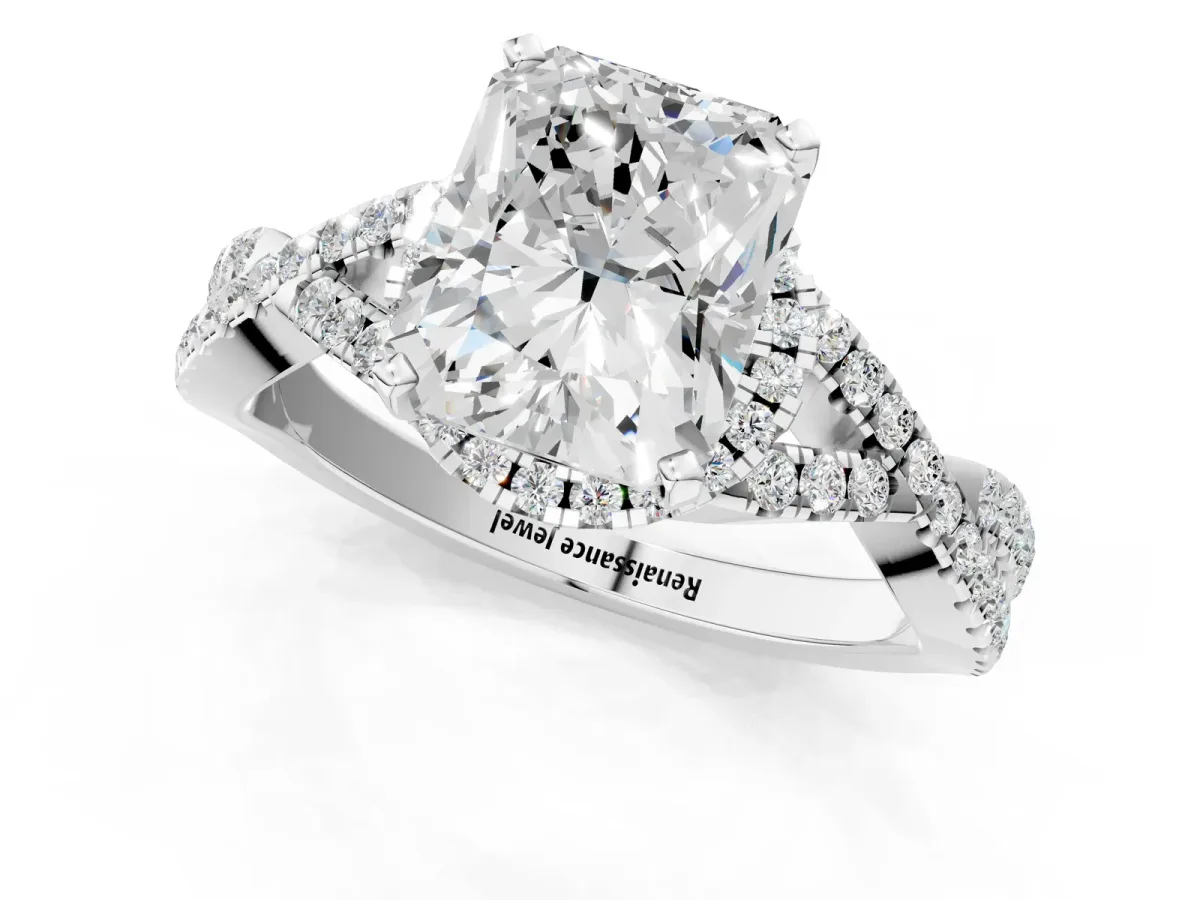 Radiant Cut Diamond Moissanite Halo Twist Band Solitaire Prong Setting Ring White gold