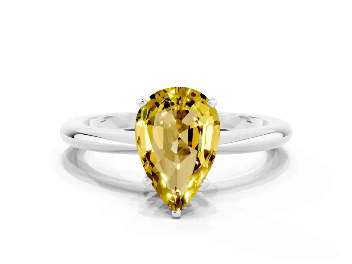 Pear Cut Yellow Sapphire Solitaire Ring with Six-Prong Setting and Classic Band Platinum