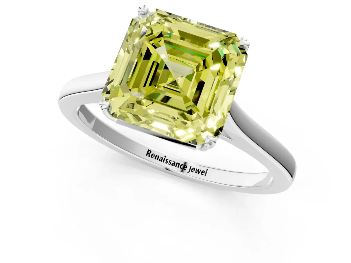 Fancy Yellow Asscher Cut Solitaire Heart Prong Engagement Ring with Tapered Band Platinum