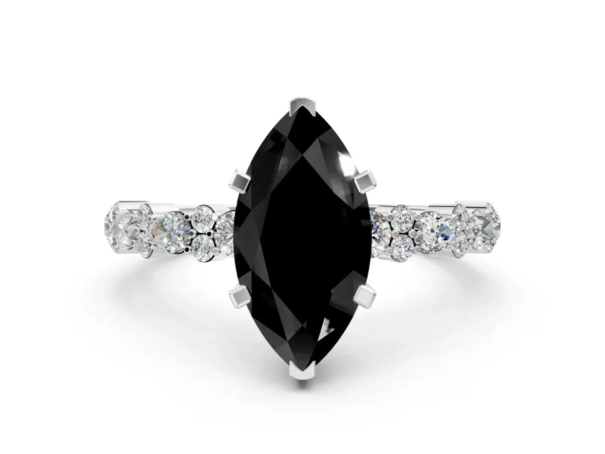 Fancy Black Marquise Cut Diamond Side Stone Solitaire Ring with Round and Four-Prong Setting White gold