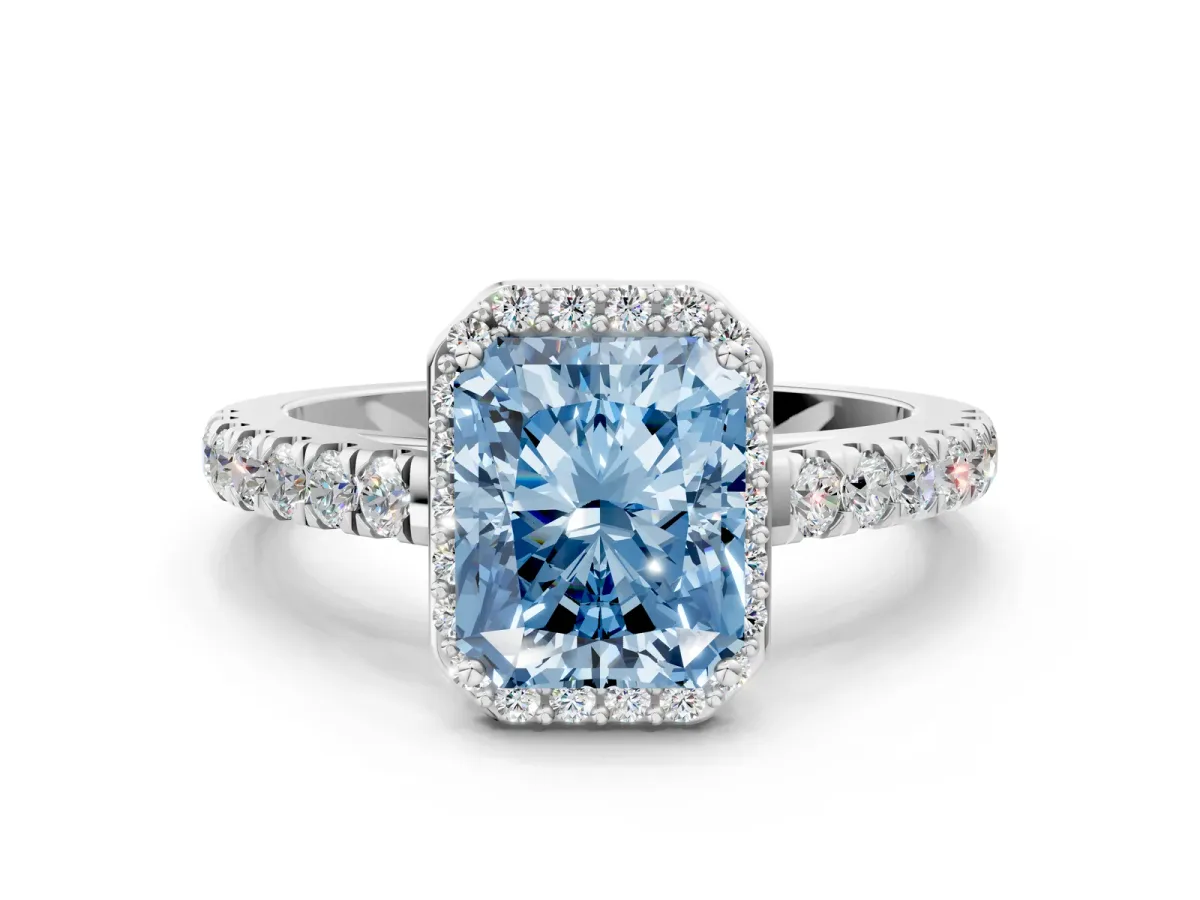 Fancy Blue Radiant Cut Cut Halo Diamond Engagement Ring with Pave Band and Four-Prong Setting Platinum